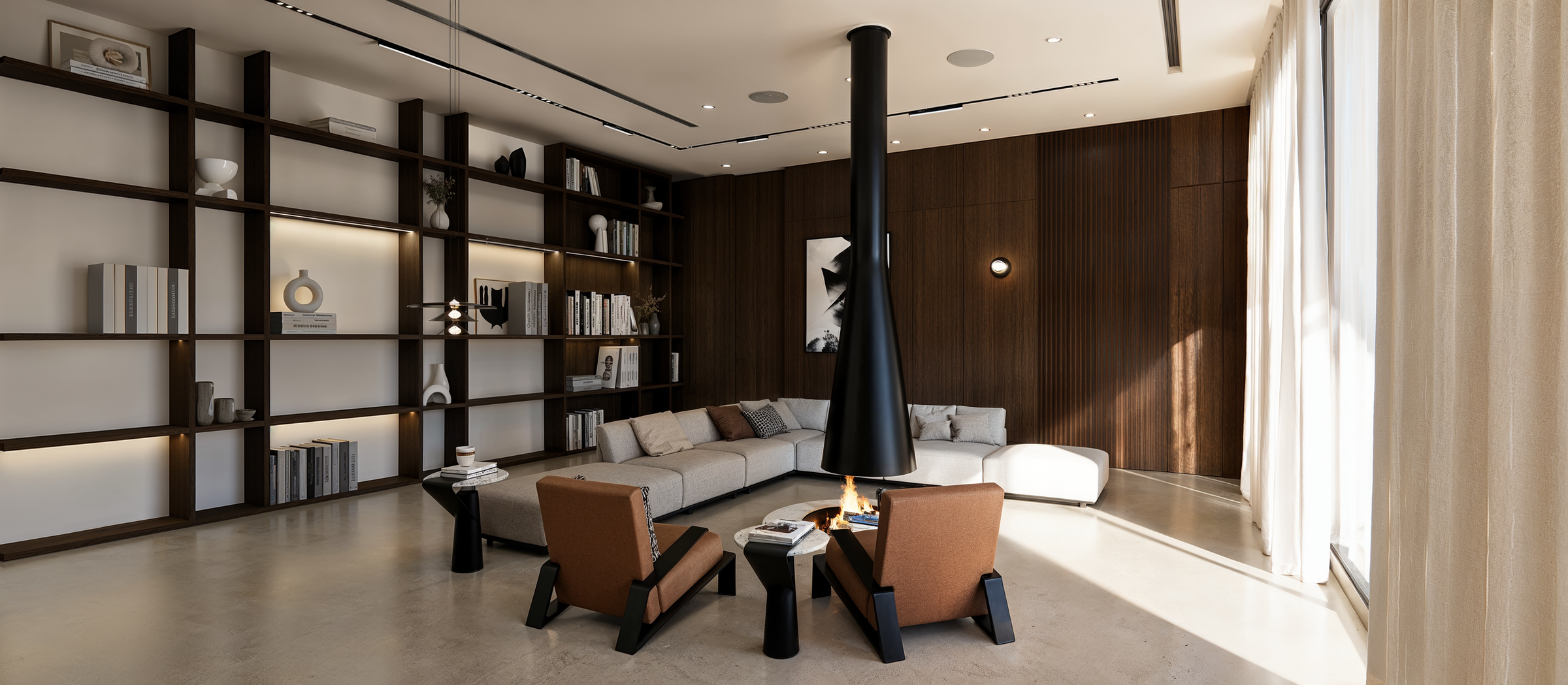 A suspended fireplace organizes the main living area, where bespoke shelving, natural materials, and carefully balanced proportions create a cohesive residential environment.