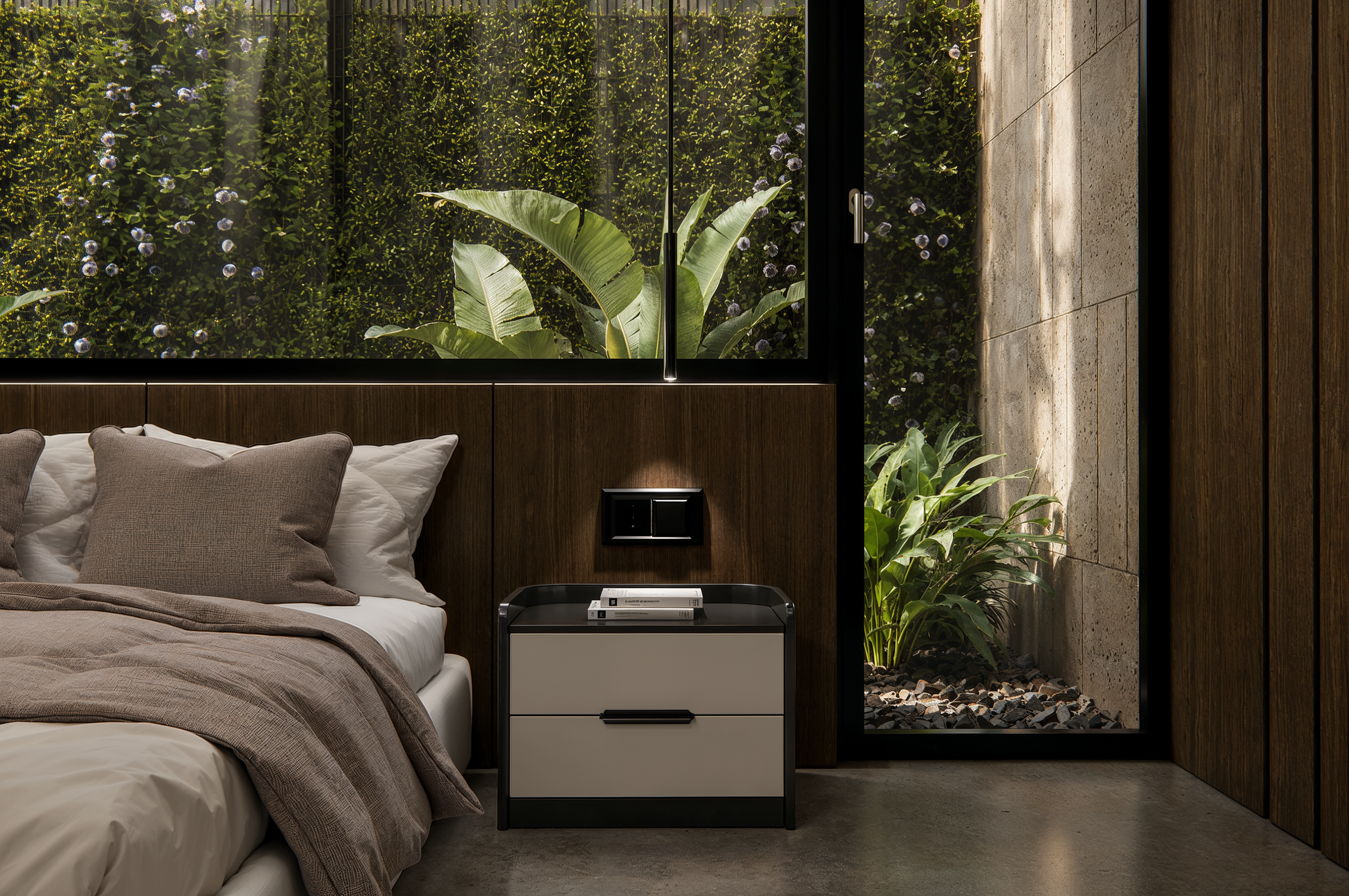 Floor-to-ceiling glazing frames a private planted courtyard, establishing a direct visual connection between the bedroom, natural light, and surrounding greenery.