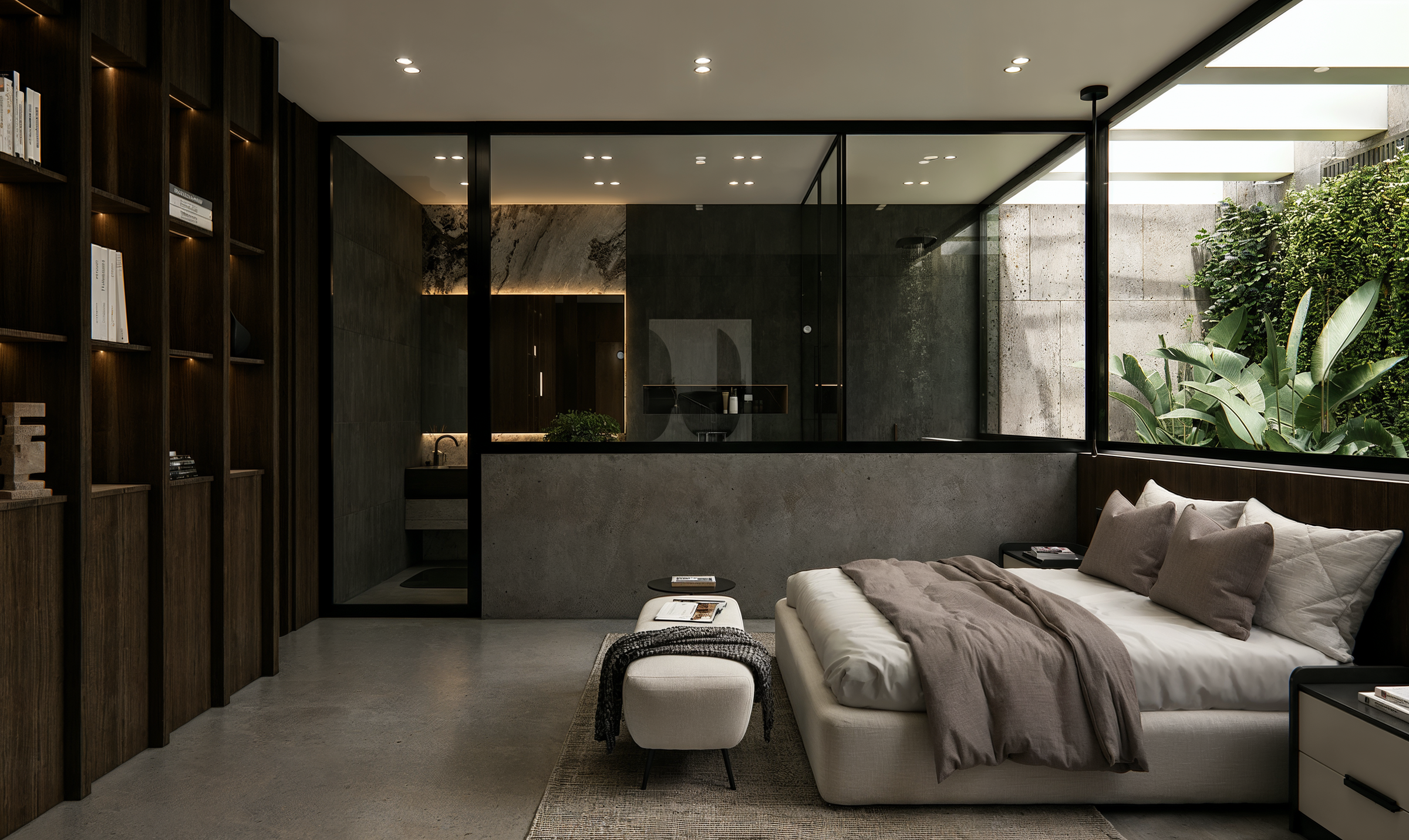 Dark timber finishes and full-height glazing define an intimate bedroom suite, where a private courtyard introduces daylight and a continuous connection with nature.