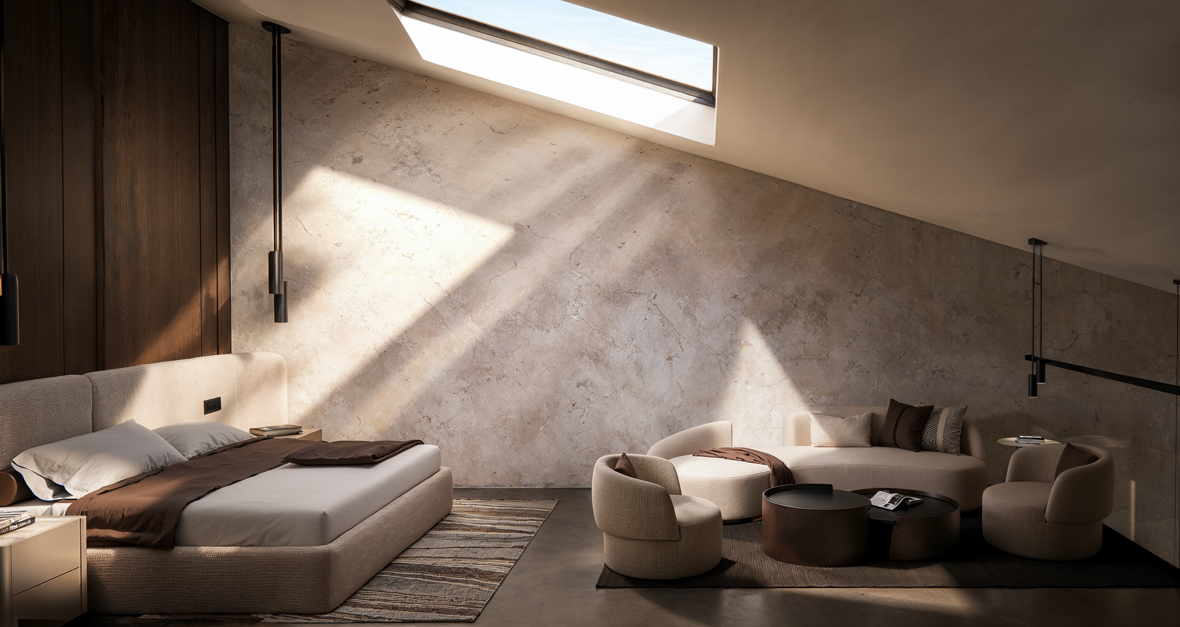 A linear skylight brings natural daylight into the master suite, connecting the sleeping area and private lounge through a restrained palette of stone and soft textiles.