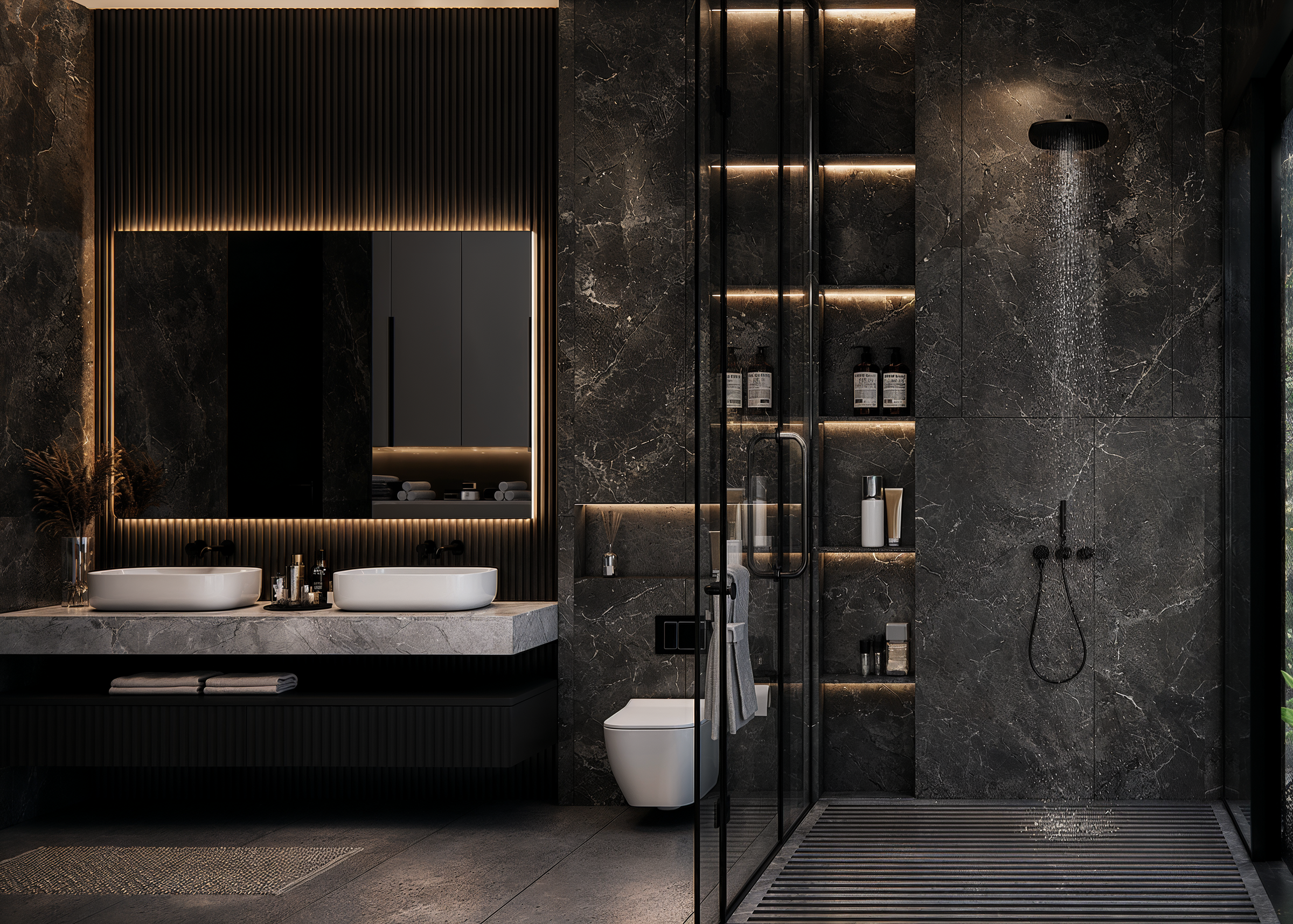 Dark marble surfaces, bespoke double vanities, and recessed lighting create a dramatic yet balanced bathroom interior, emphasizing material continuity and architectural precision.