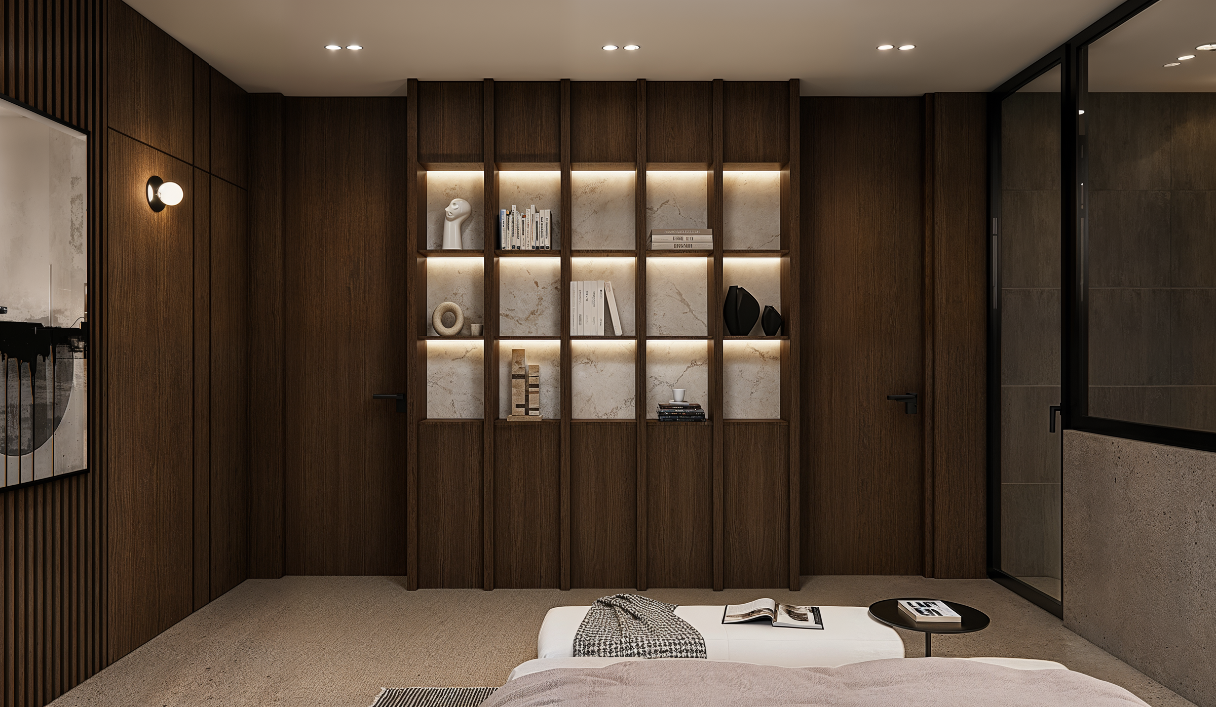 Custom timber shelving with illuminated stone back panels forms a cohesive architectural feature, combining display, storage, and ambient lighting within the bedroom.