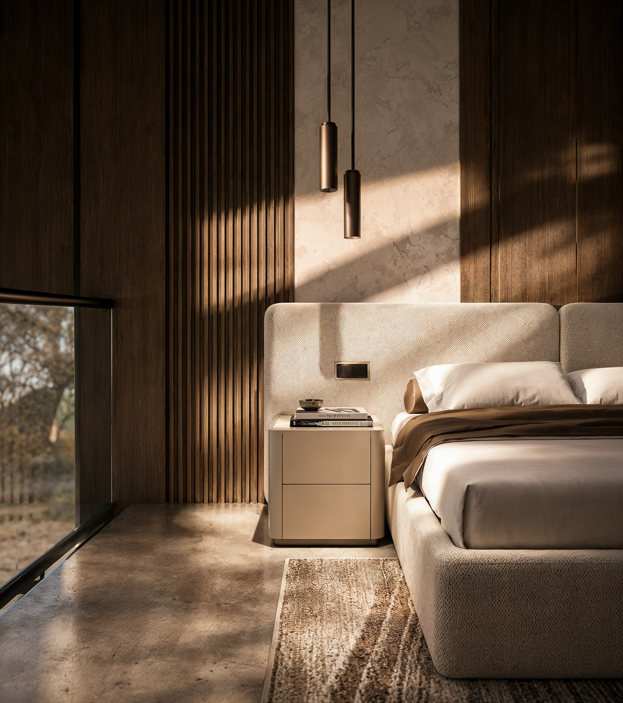 Dark timber paneling, a softly upholstered headboard, and controlled natural light create a calm bedroom atmosphere through contrasting textures and warm material tones.