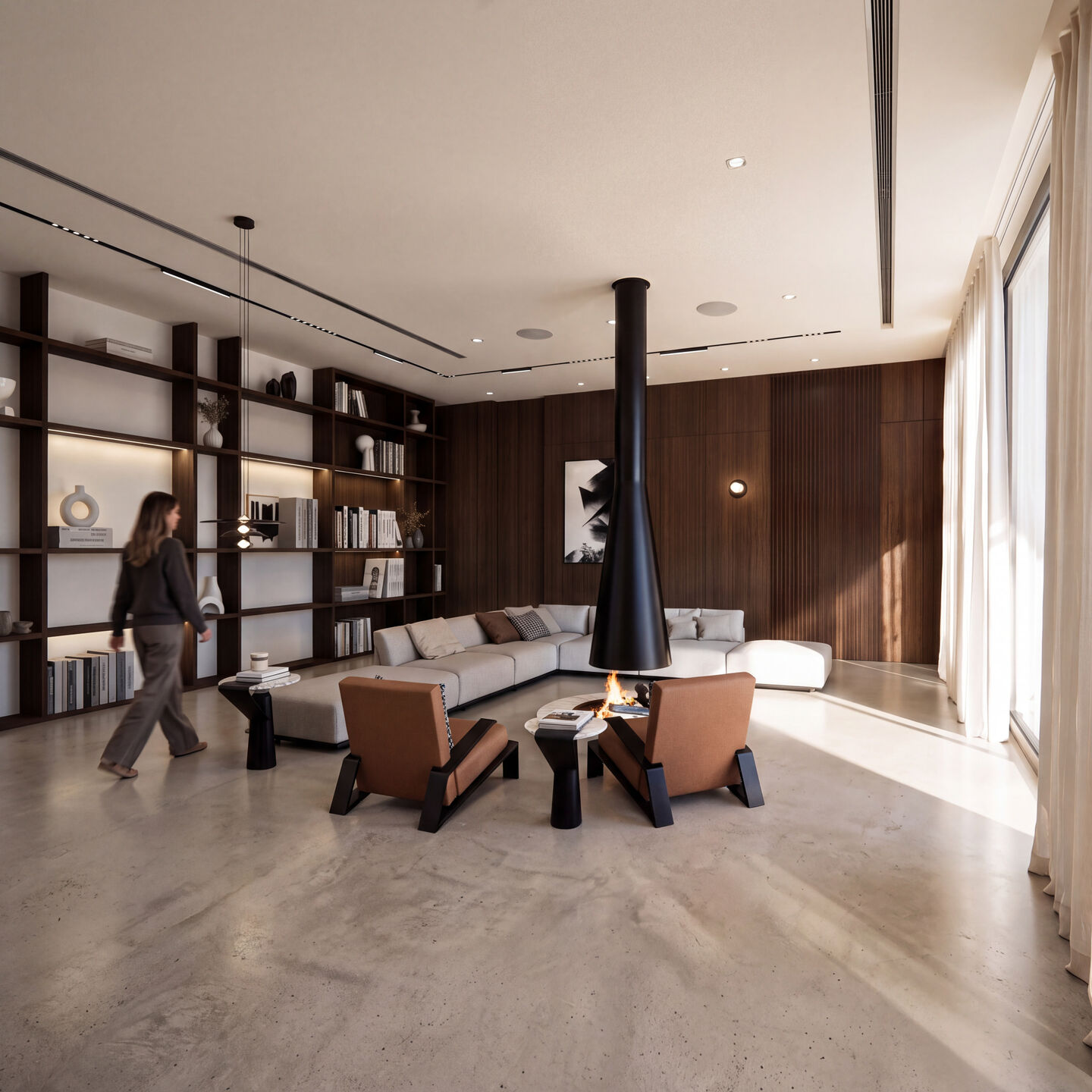 Estia Villa ekali -Main Living Area with Suspended Fireplace