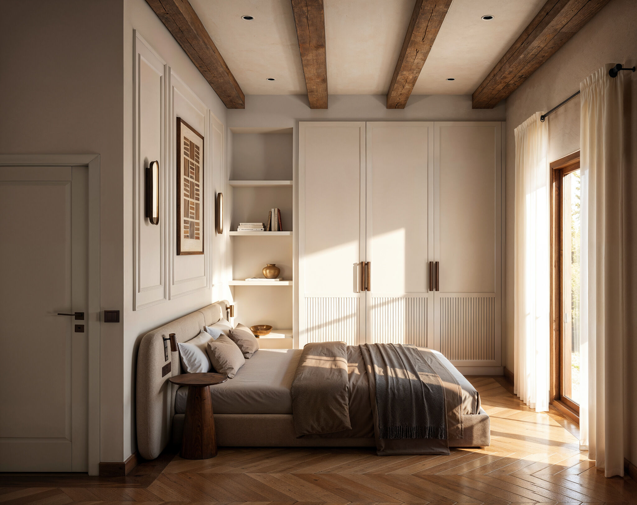 Bespoke white wardrobes, exposed wooden ceiling beams, and warm natural light define a contemporary bedroom that combines functional storage with the character of Mediterranean architecture.