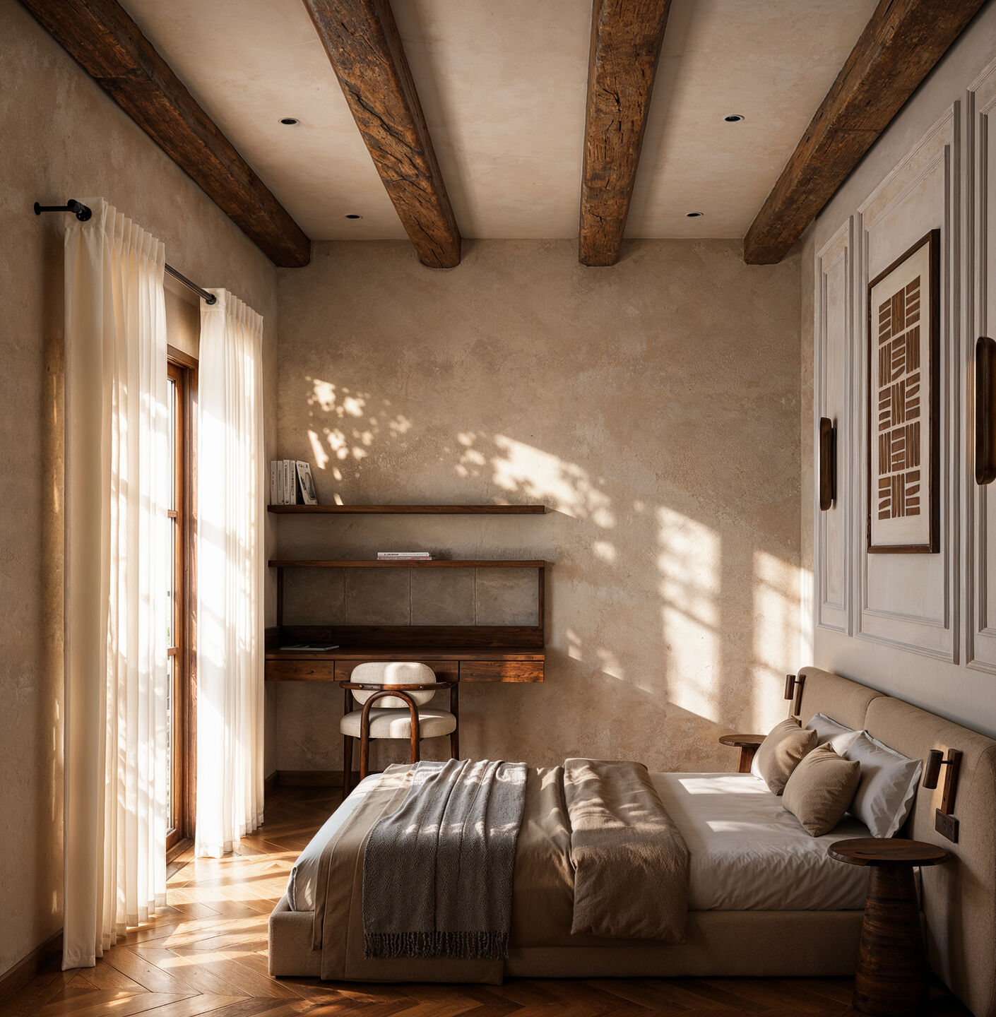 A compact workspace, natural timber finishes, and carefully filtered daylight create a functional bedroom environment characterized by simplicity, warmth, and understated contemporary design.