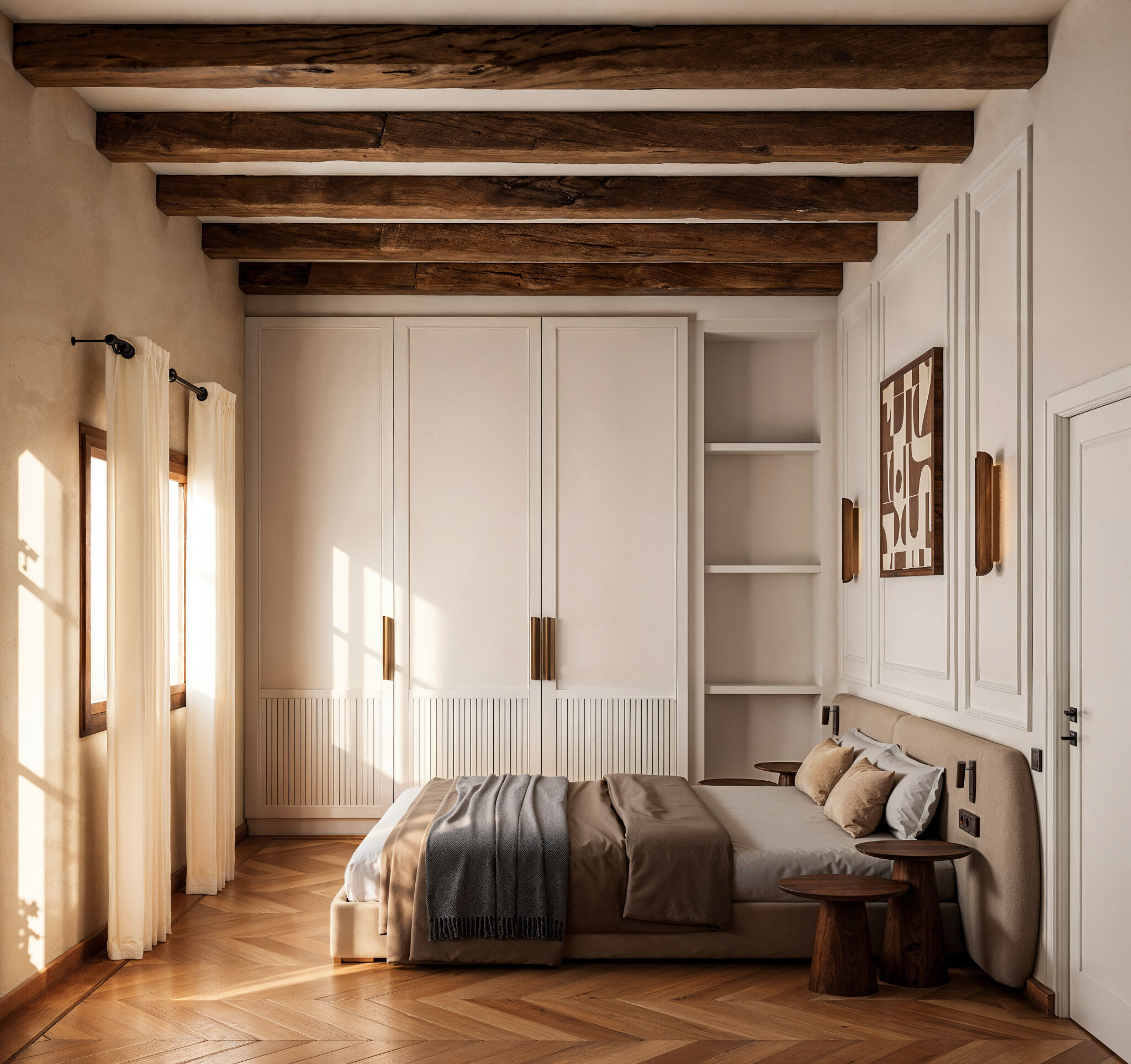 Exposed timber beams, bespoke cabinetry, and soft neutral textiles create an intimate bedroom interior that reflects the natural material palette of this Karpathos residence.