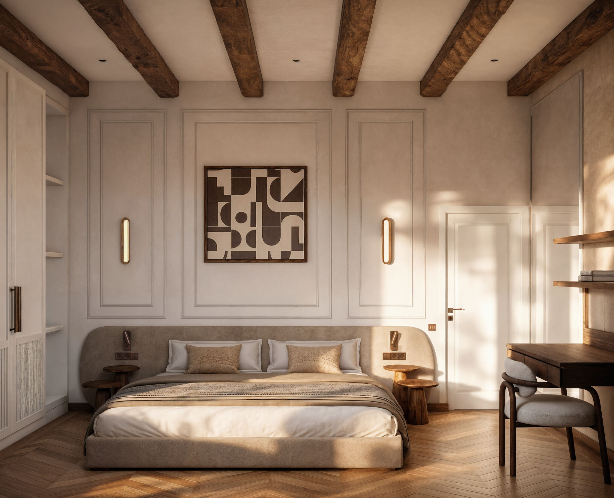 A contemporary bedroom combines traditional timber ceiling construction, decorative wall moldings, bespoke furniture, and natural daylight to create a balanced and timeless interior.