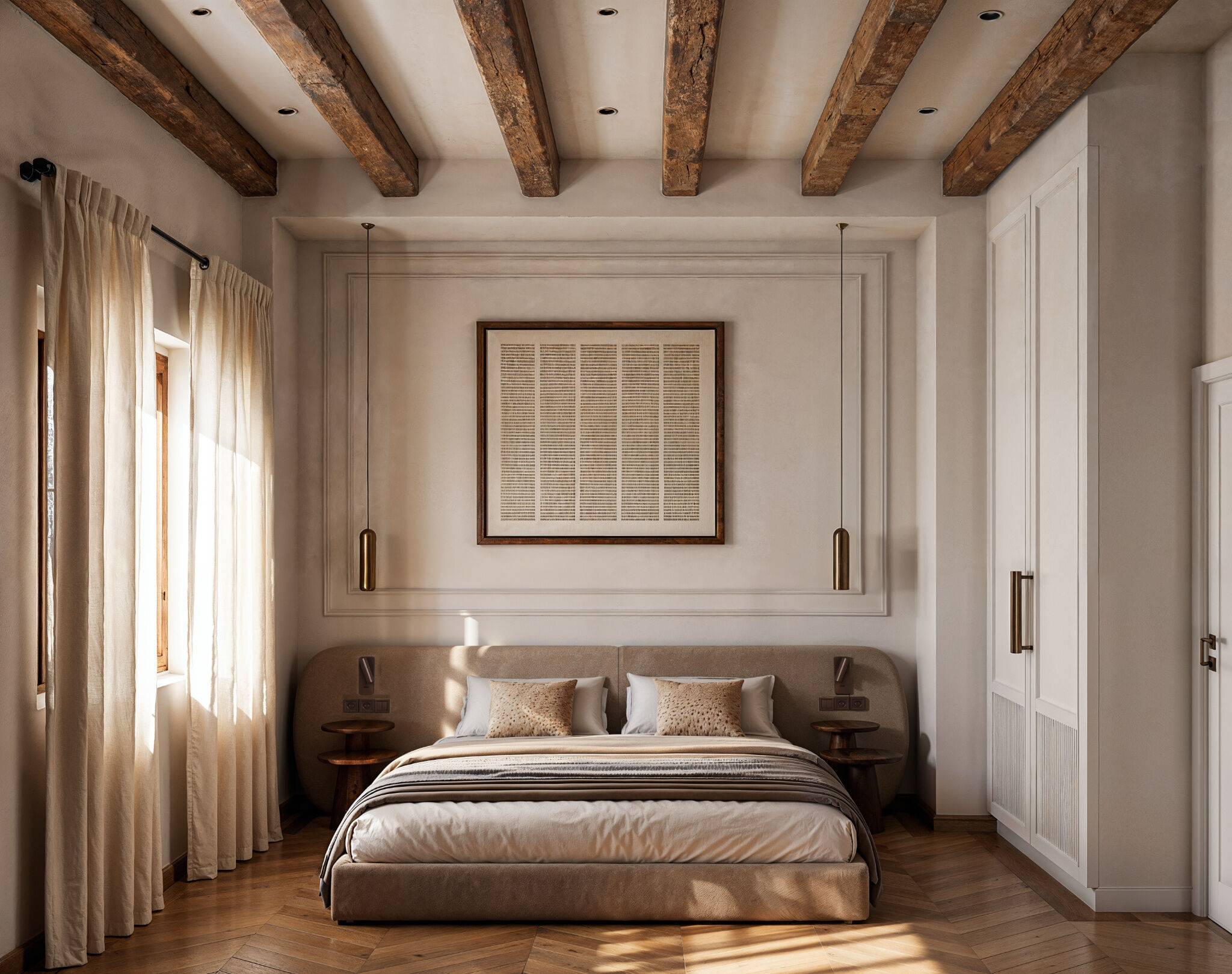 A centrally positioned upholstered bed, exposed wooden beams, and integrated pendant lighting establish a serene bedroom composition defined by material warmth and architectural simplicity.