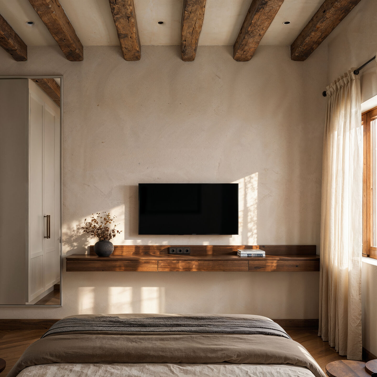Rustic ceiling beams, textured plaster walls, and a floating timber console create a restrained bedroom interior where traditional elements meet contemporary residential design.