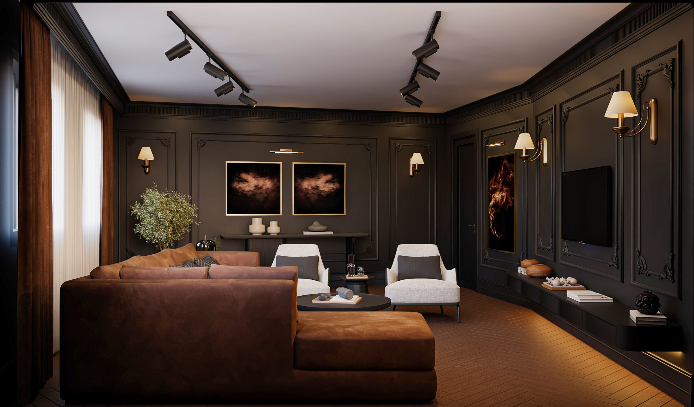 Lounge with leather sofa and dark panelled walls, rendering