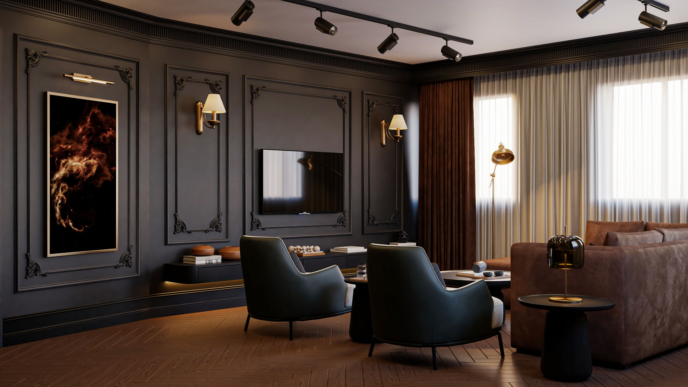 Living room with panelled TV wall and armchairs, rendering