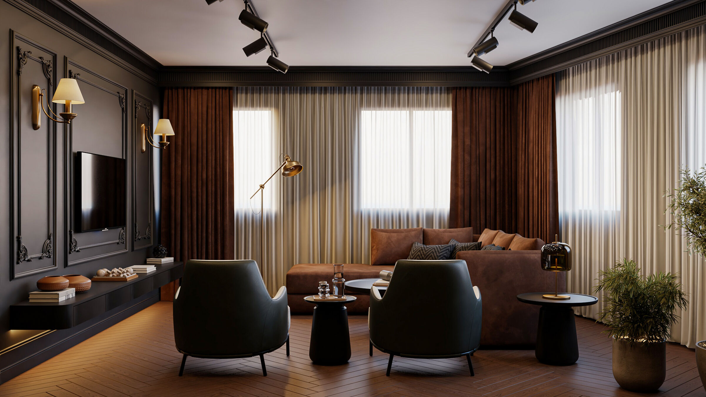 Seating area by the window with floor-length curtains, rendering