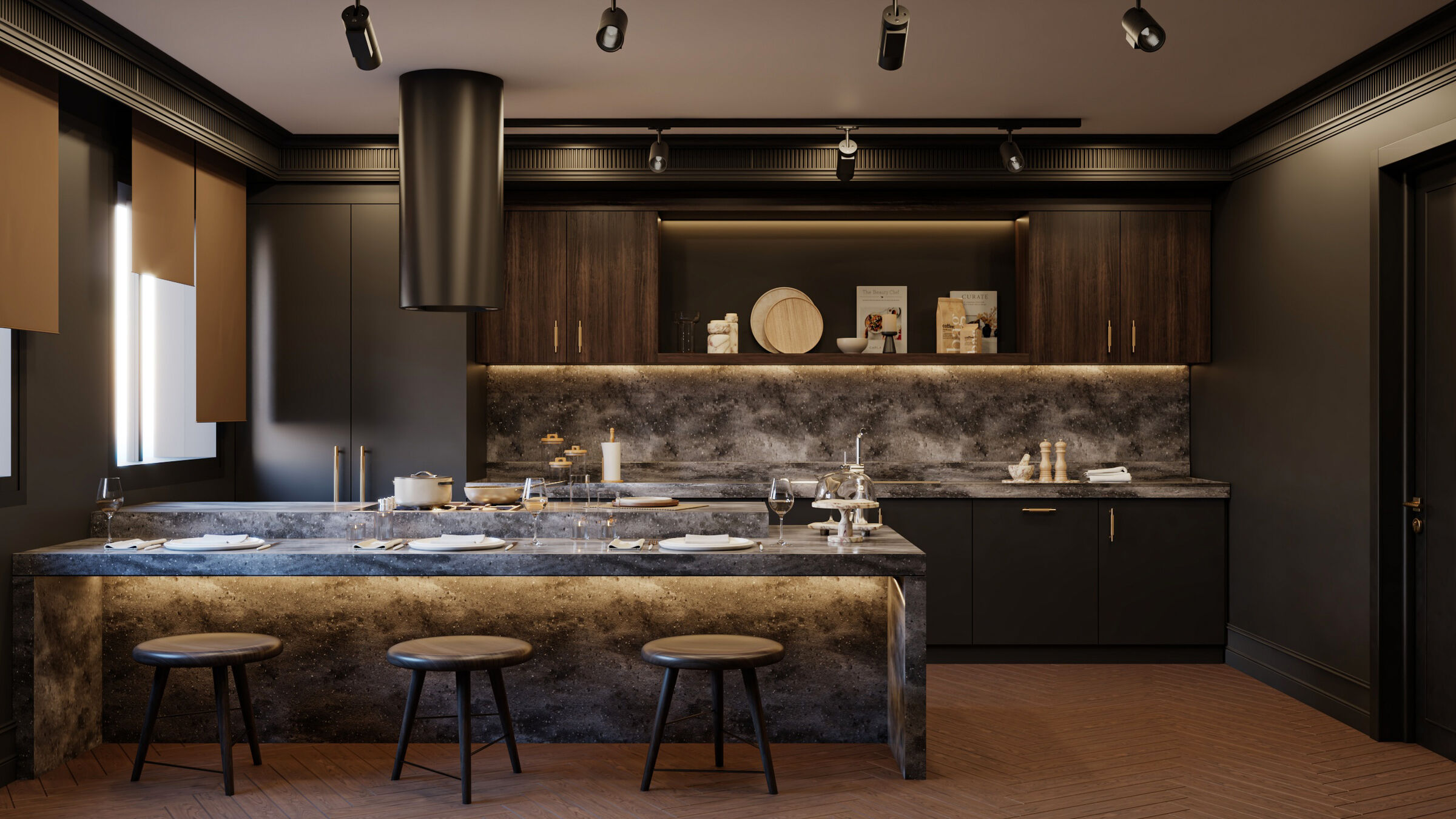 Kitchen with marble island and bar stools, rendering