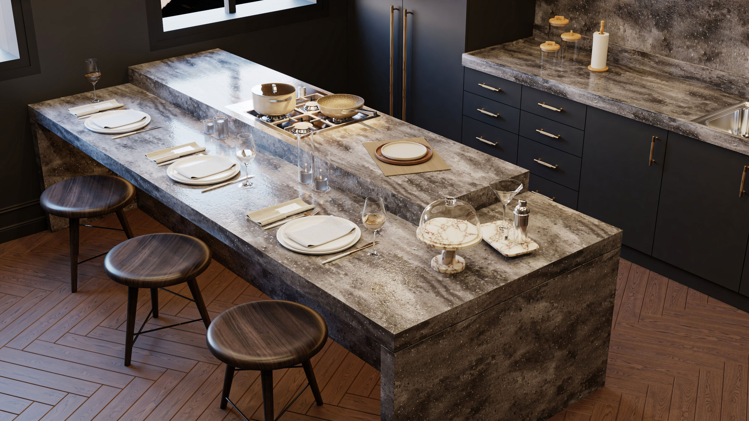 Marble counter with table setting, rendering