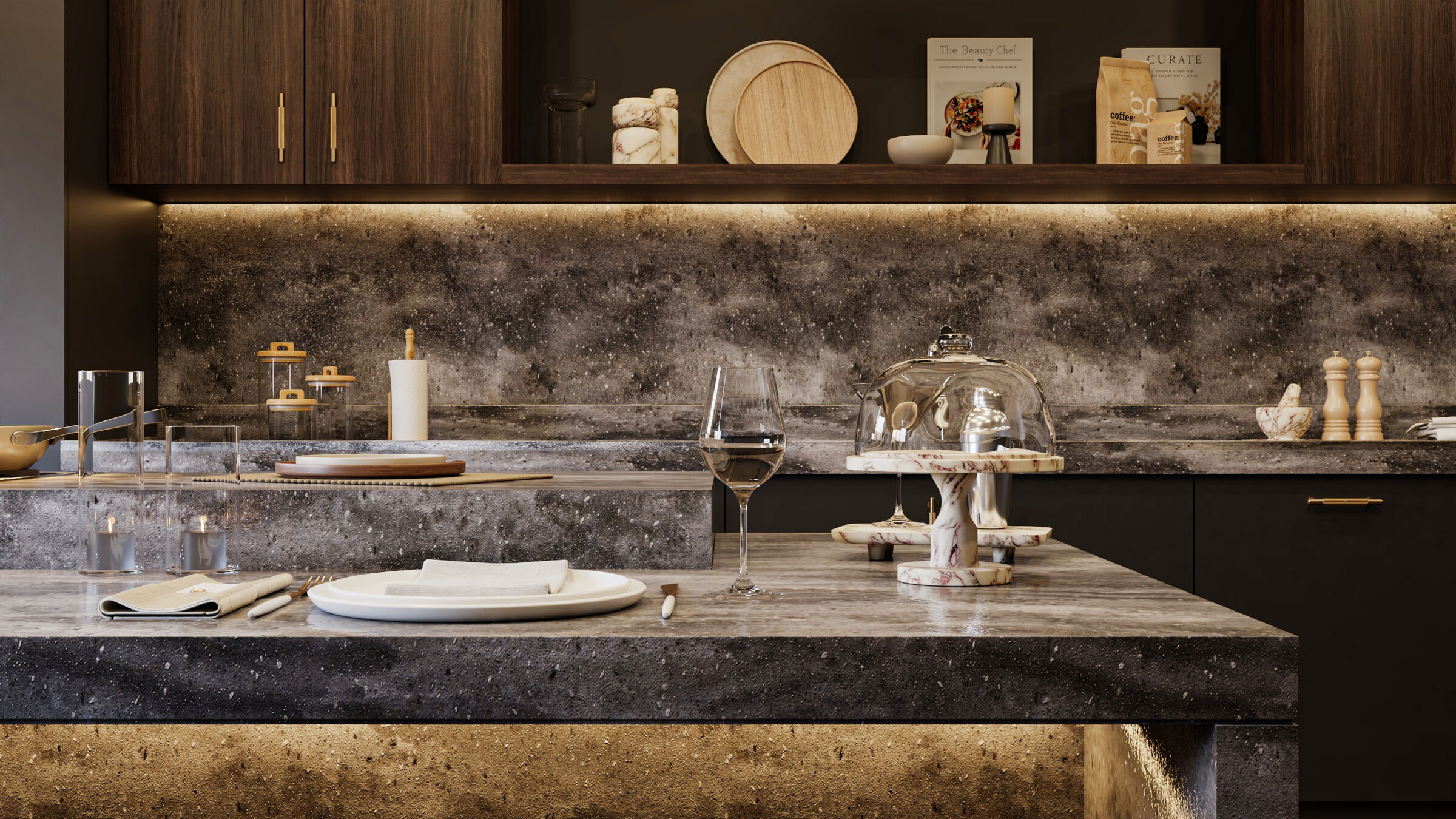 Kitchen counter detail with glassware and open shelving, rendering