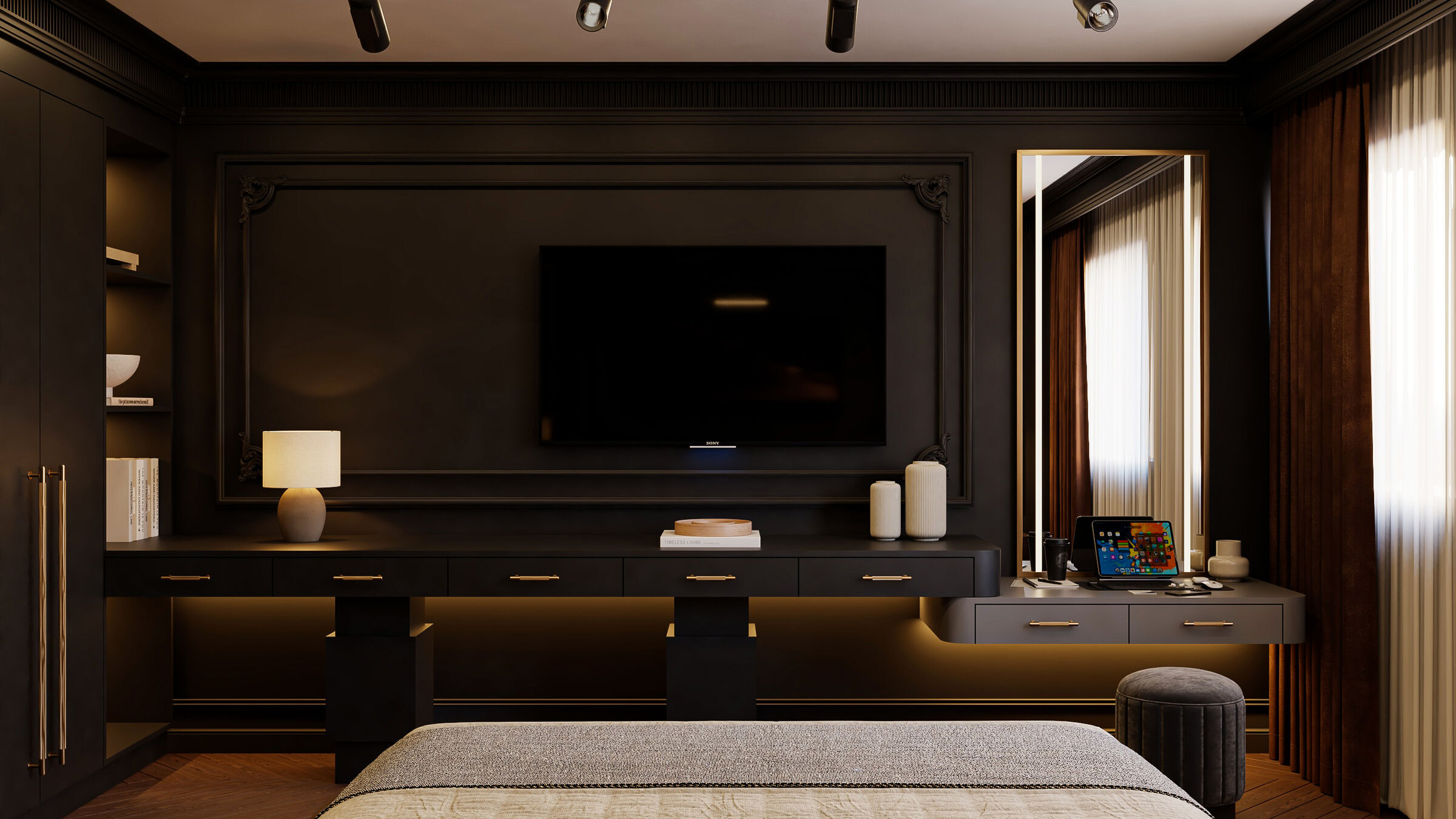 Bedroom TV wall with built-in console, rendering