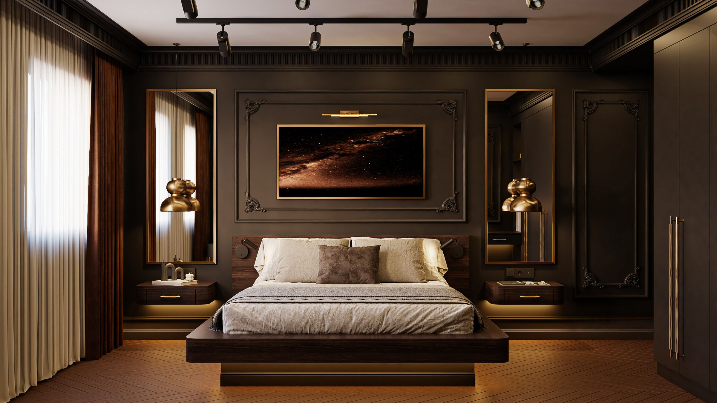 Bedroom with dark panelled headboard wall, rendering