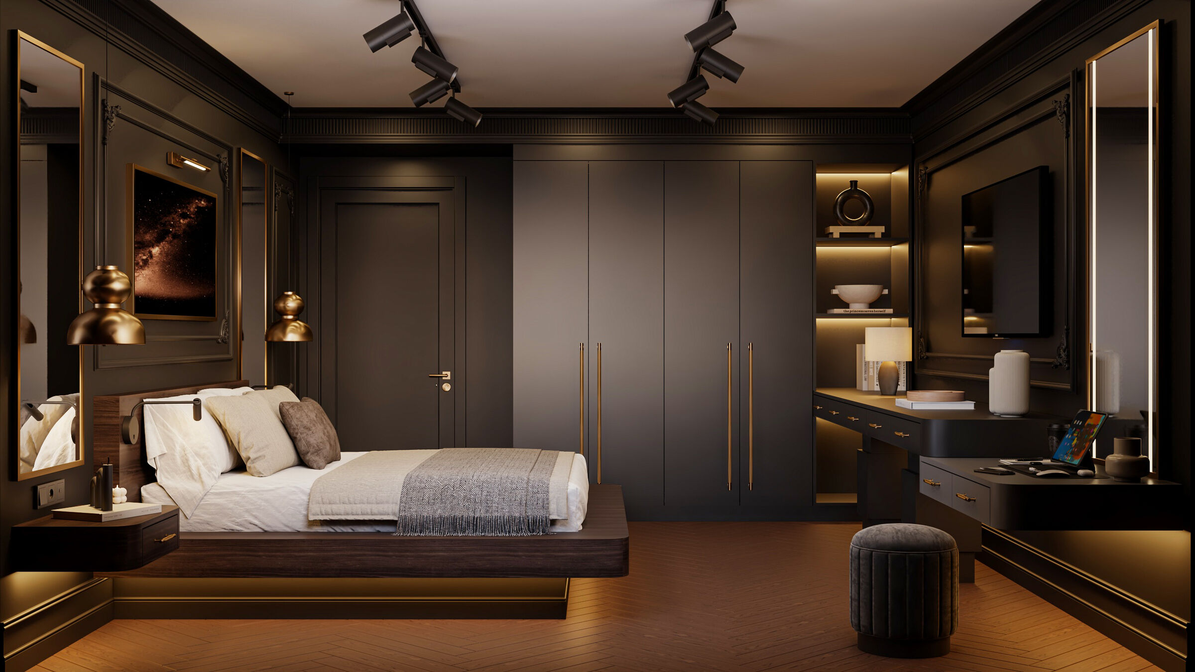 Bedroom wardrobe wall in dark tones, rendering