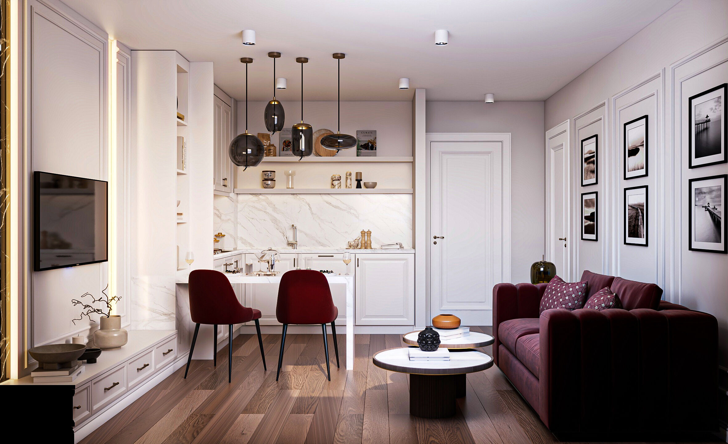 Light-toned suite with open kitchen and dining area, rendering