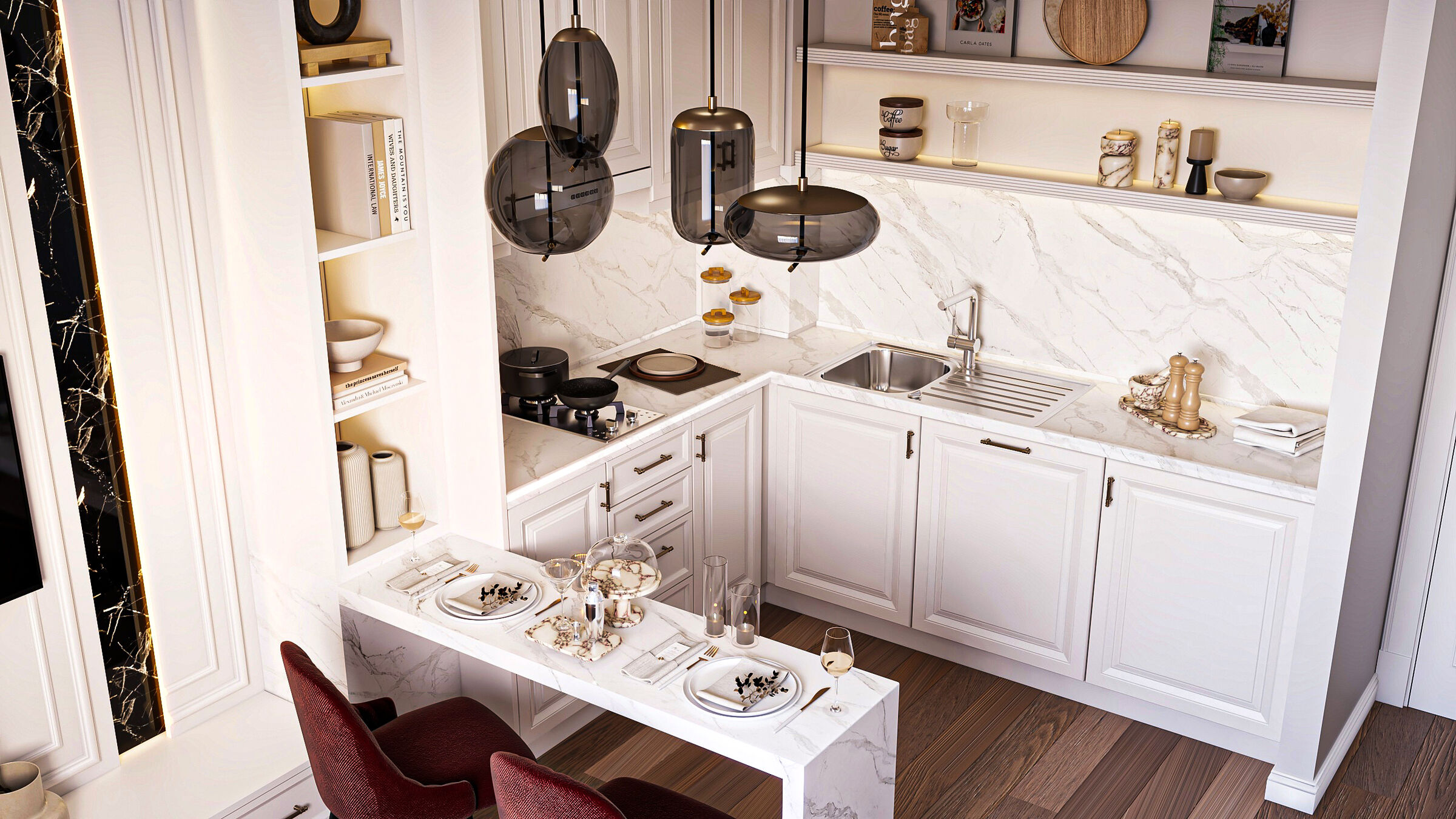 White kitchen with marble backsplash and pendant lights, rendering