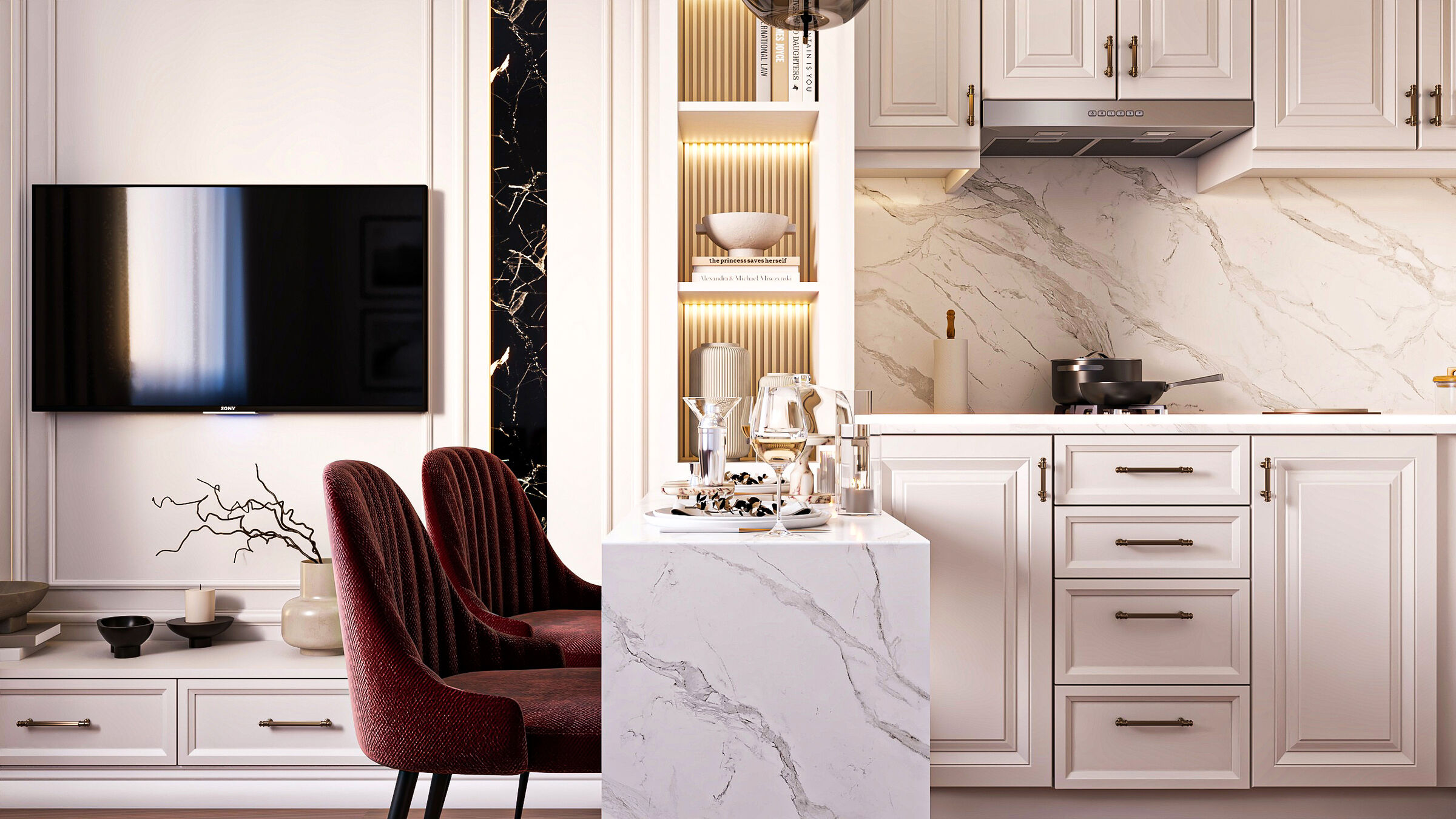 Marble island with burgundy dining chairs, rendering
