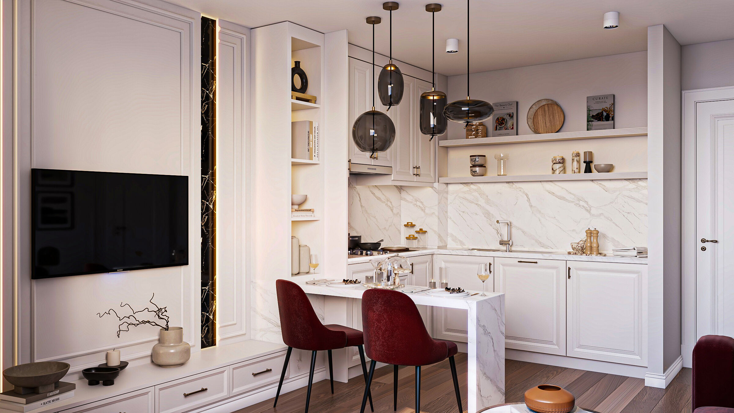 Kitchen dining corner with pendant lights, rendering