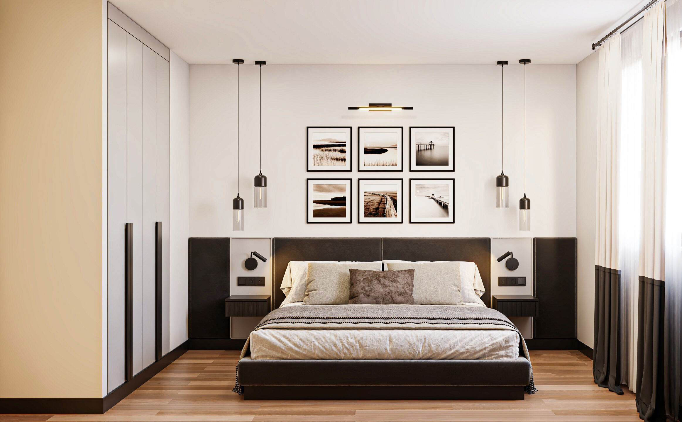 Light-toned bedroom with gallery wall, rendering
