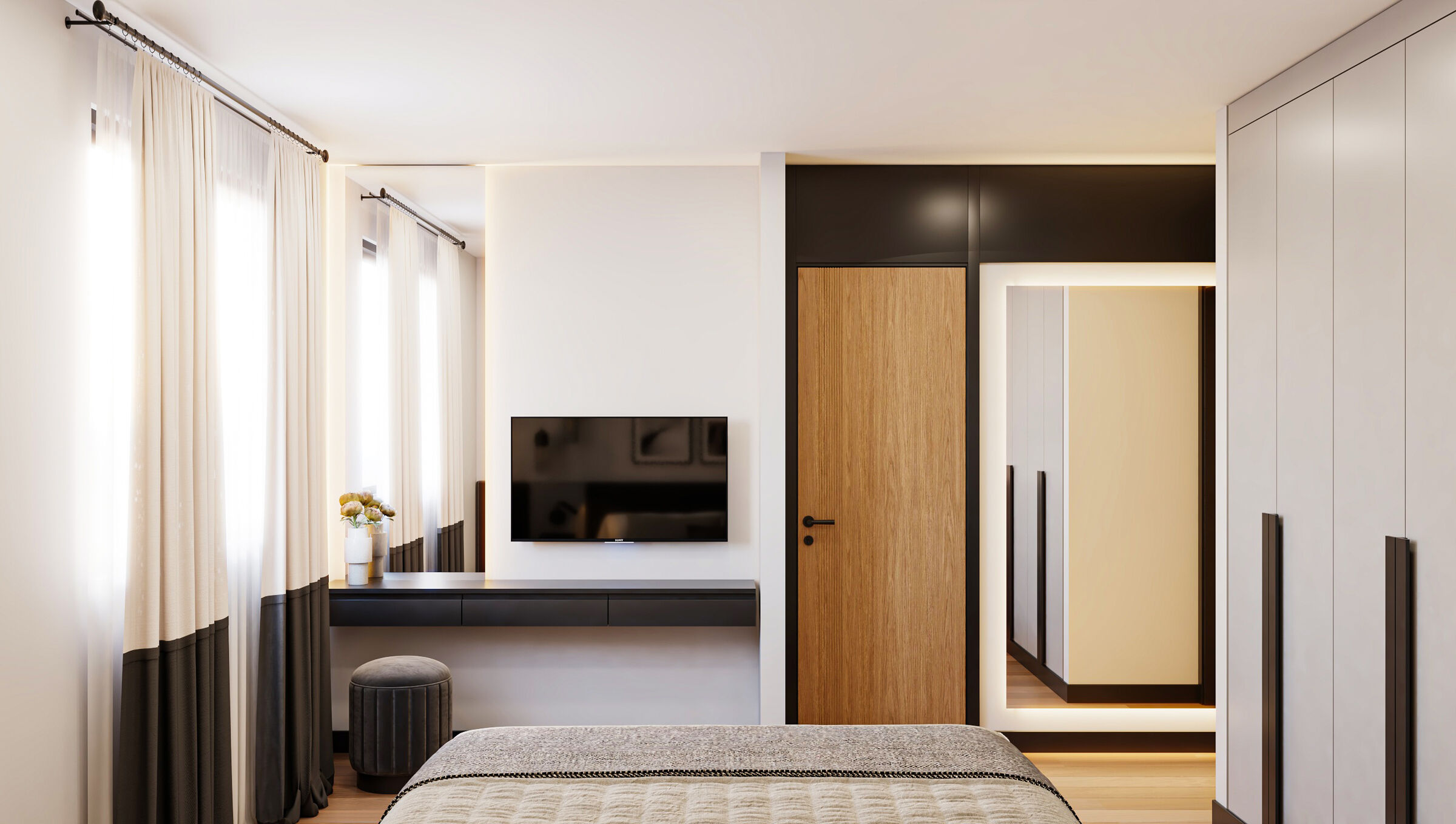 Bedroom TV unit and wood-veneer door, rendering