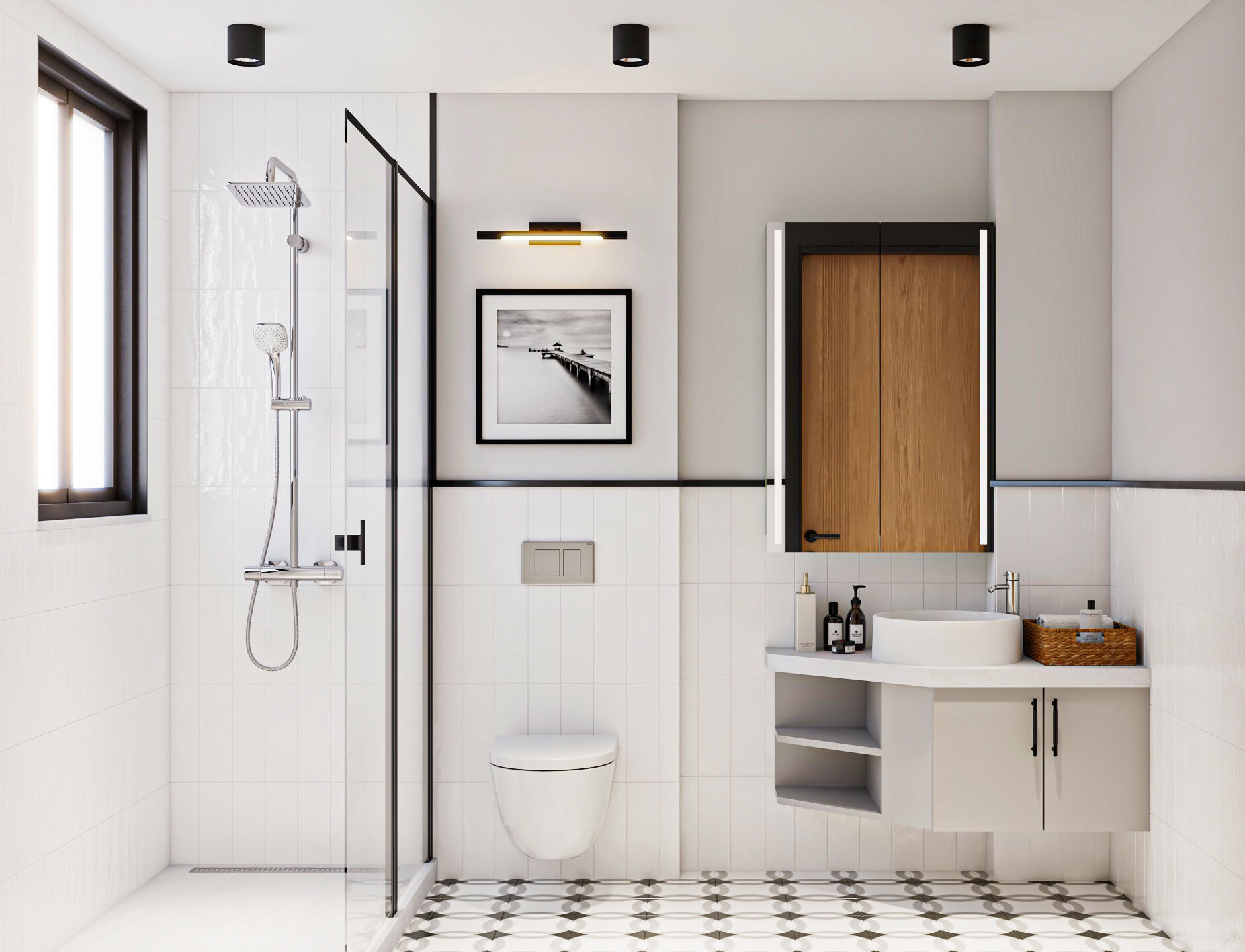 Bathroom with walk-in shower, rendering