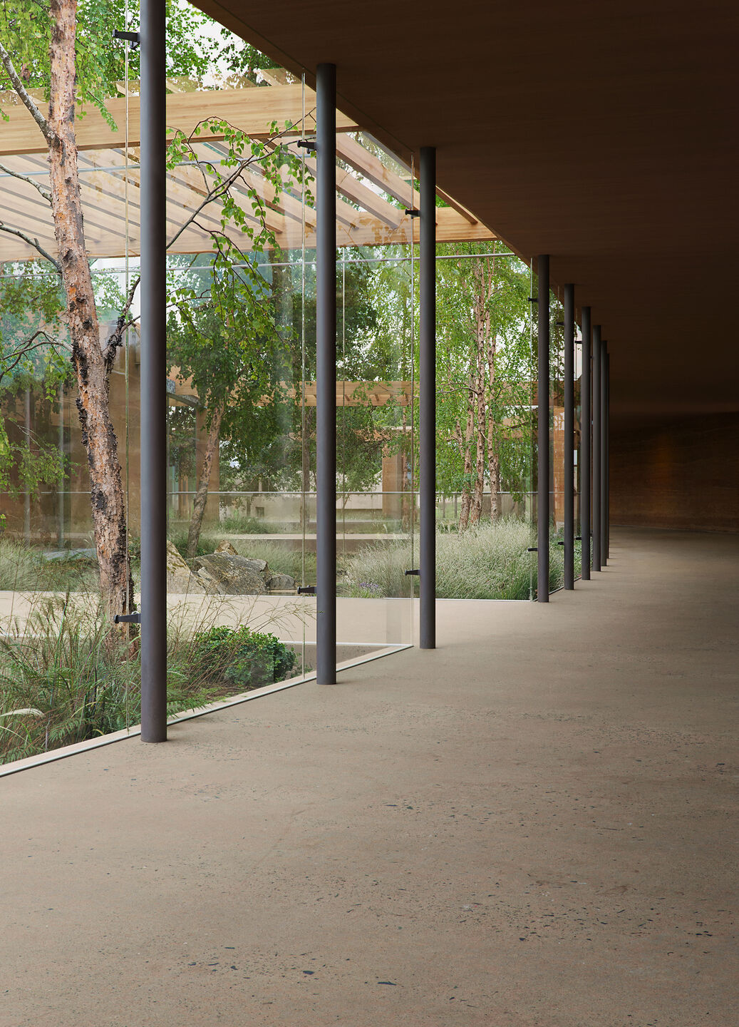 Enclosed gallery runs alongside creek