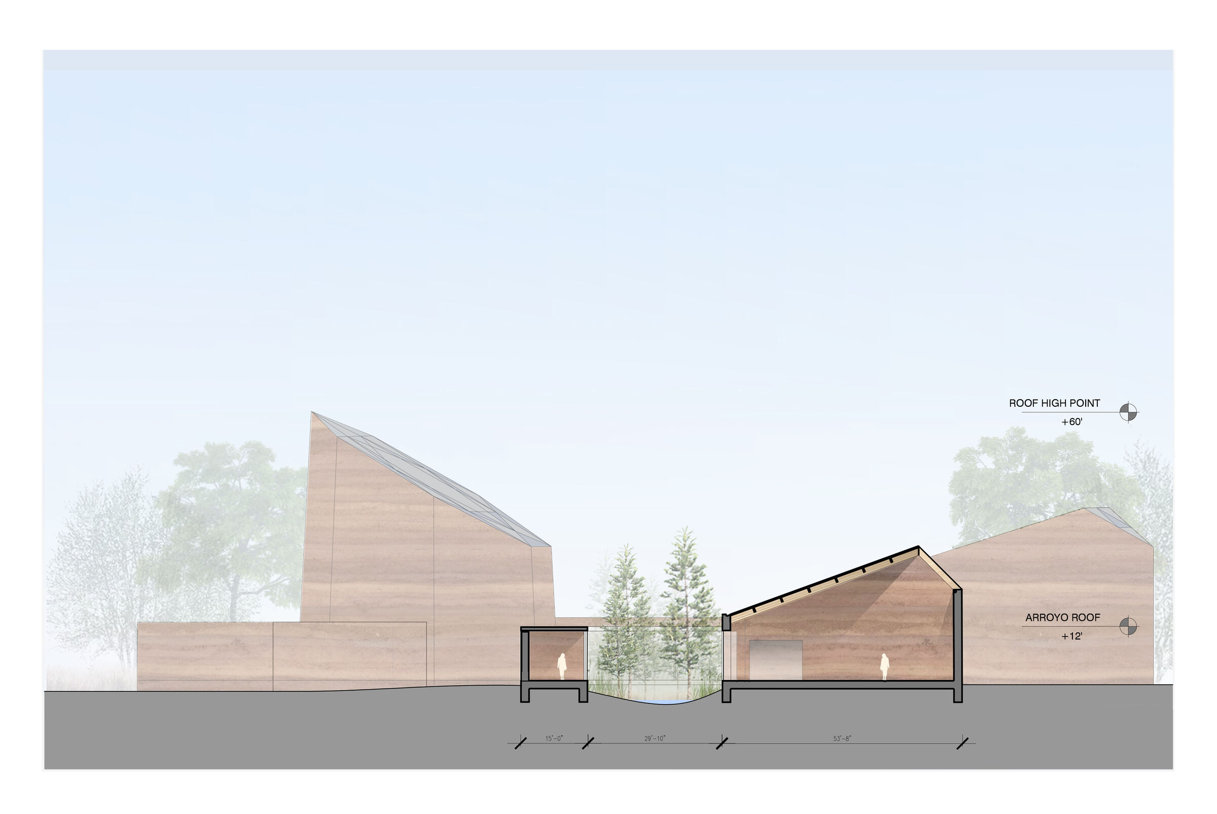 Section through Arroyo Hall Gallery and Permanent Exhibit Space