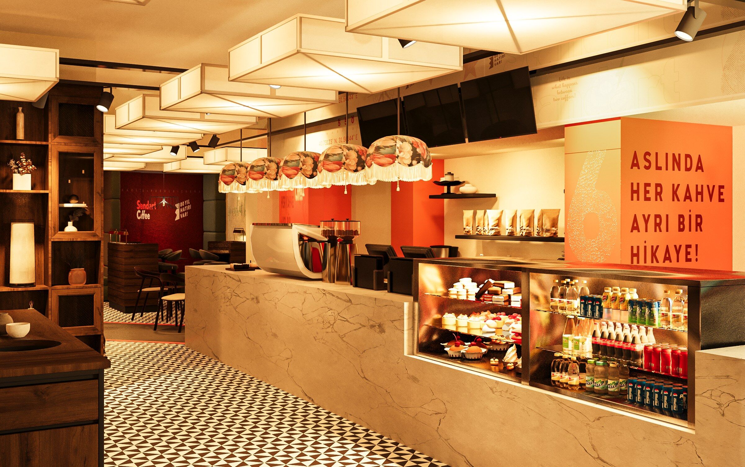 Design rendering, coffee bar and display counter