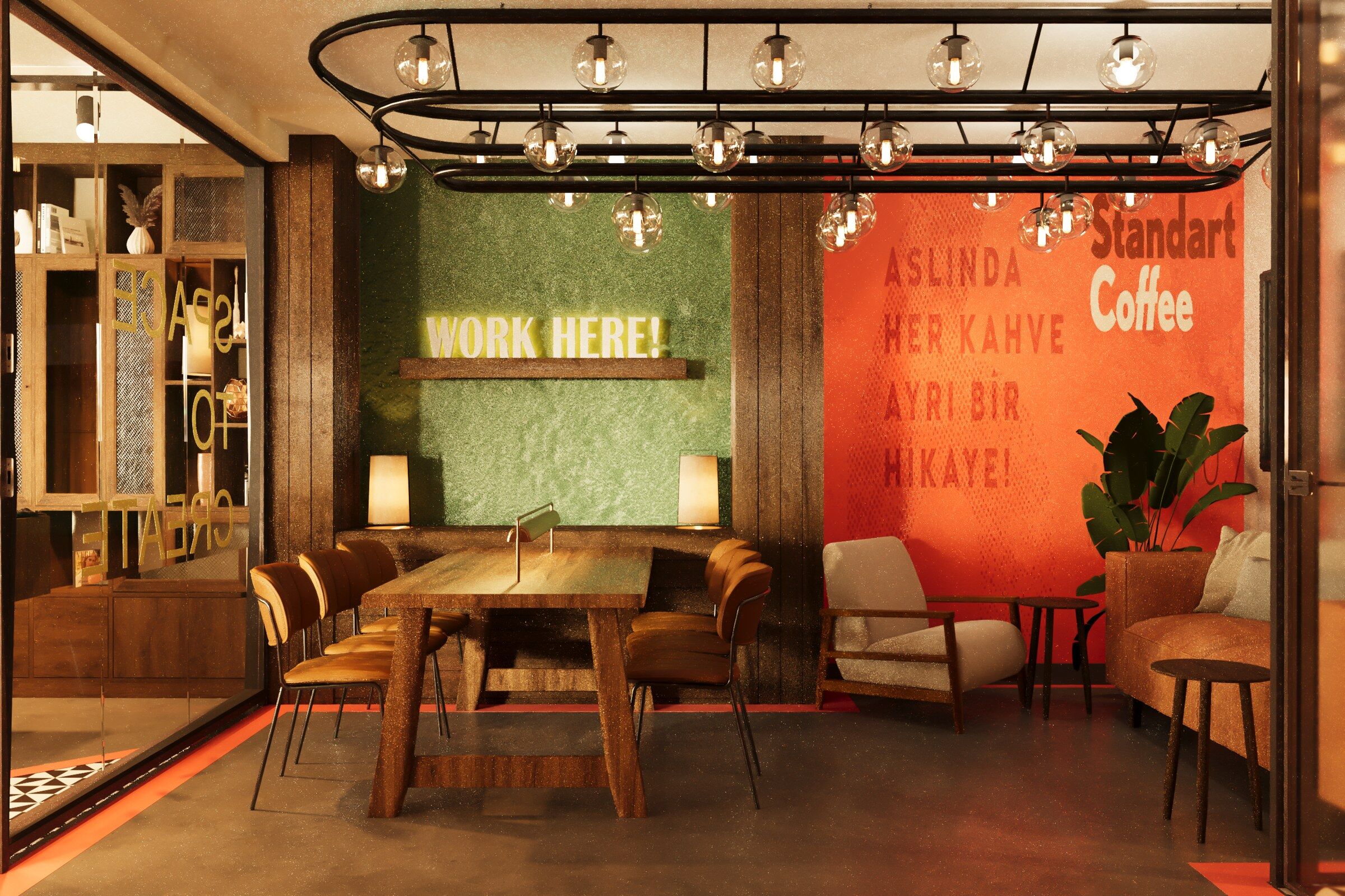 Design rendering, "WORK HERE!" wall and communal table