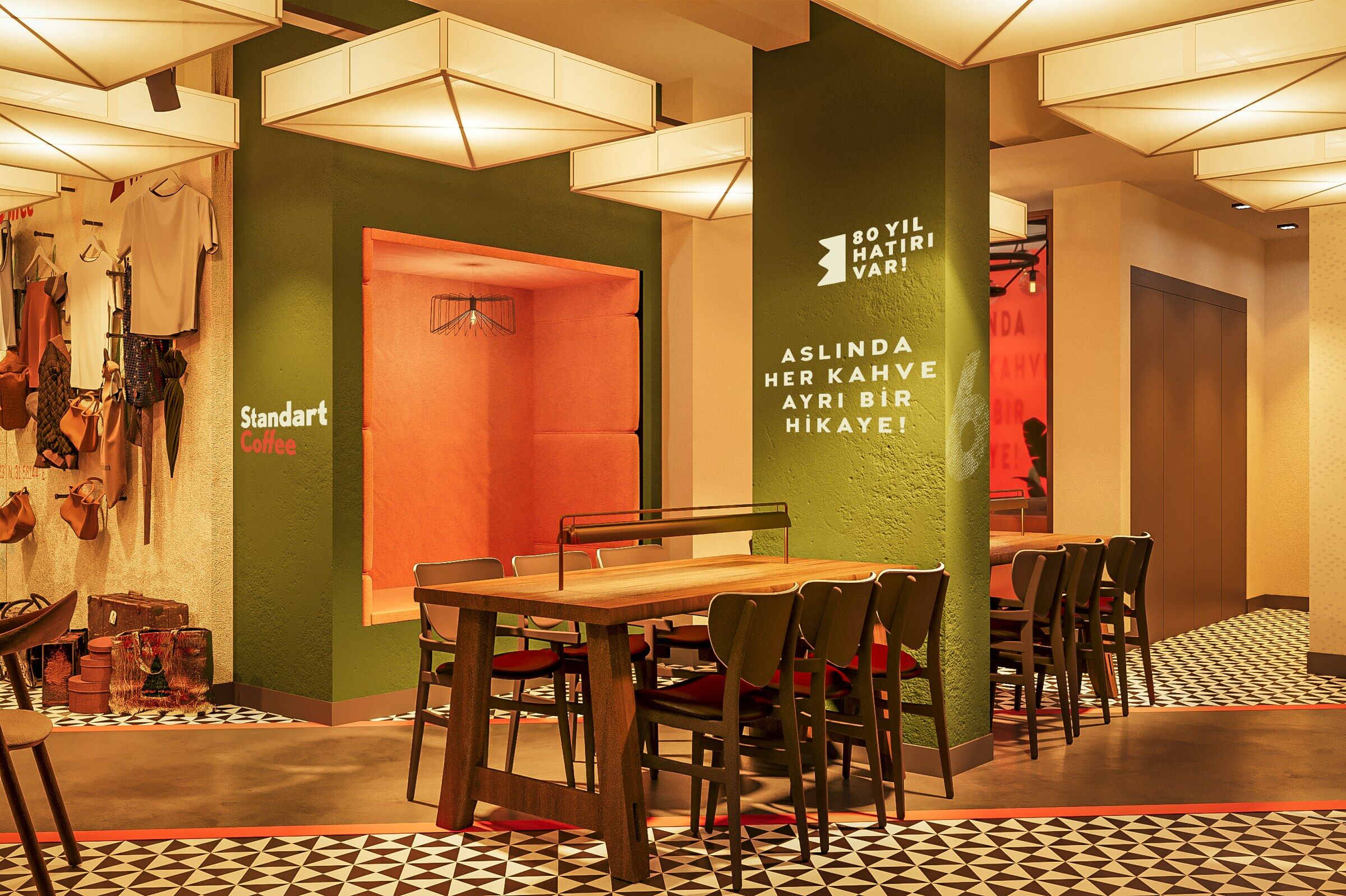 Design rendering, green column and long table