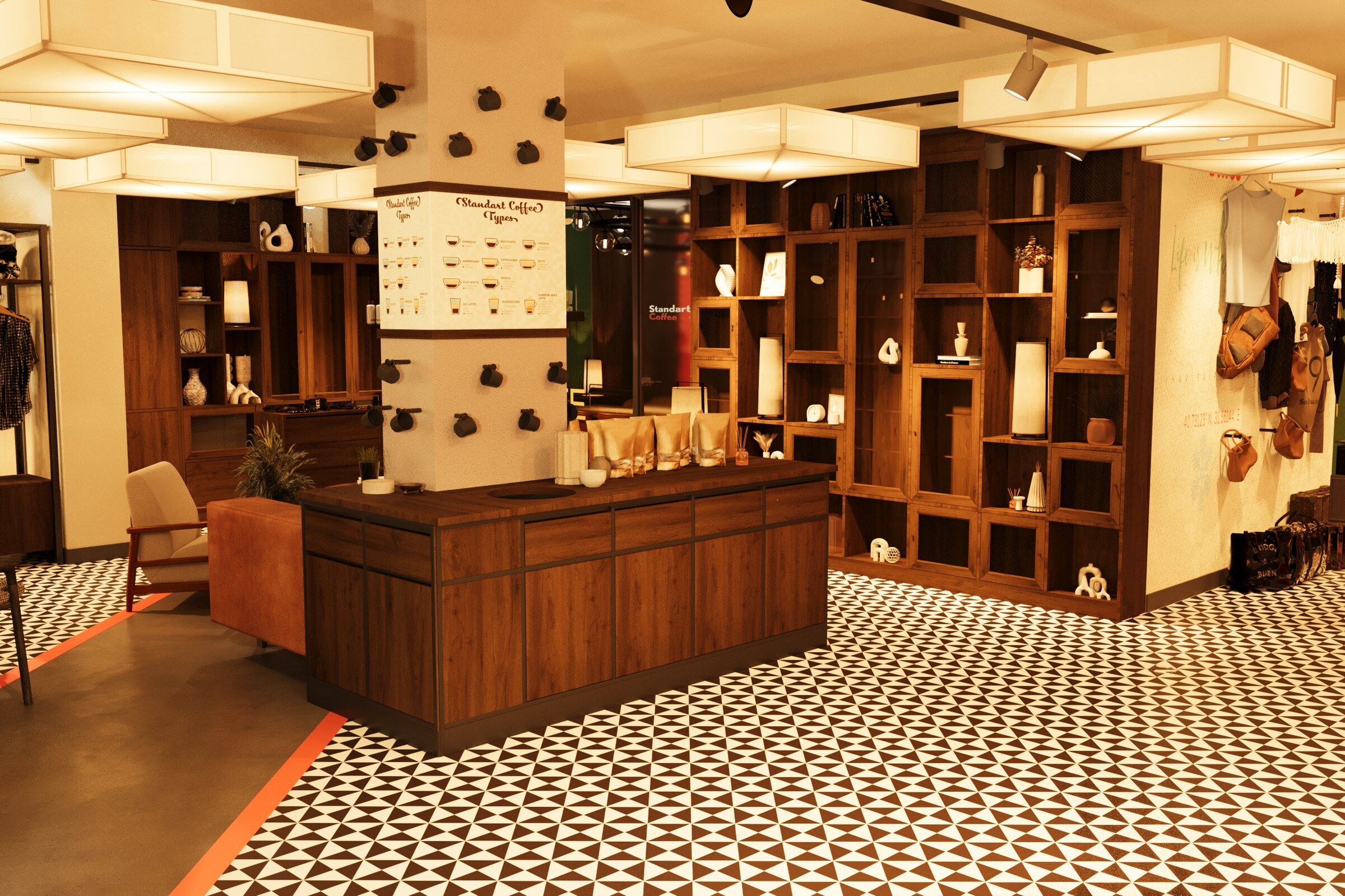 Design rendering, shelving wall and counter