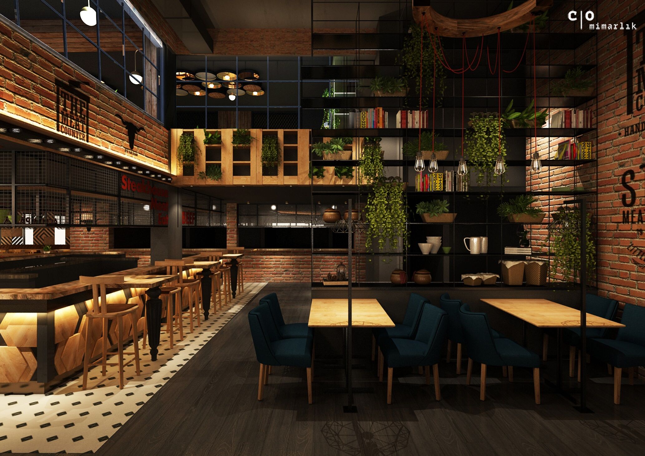 Design rendering, dining area beside the open shelving