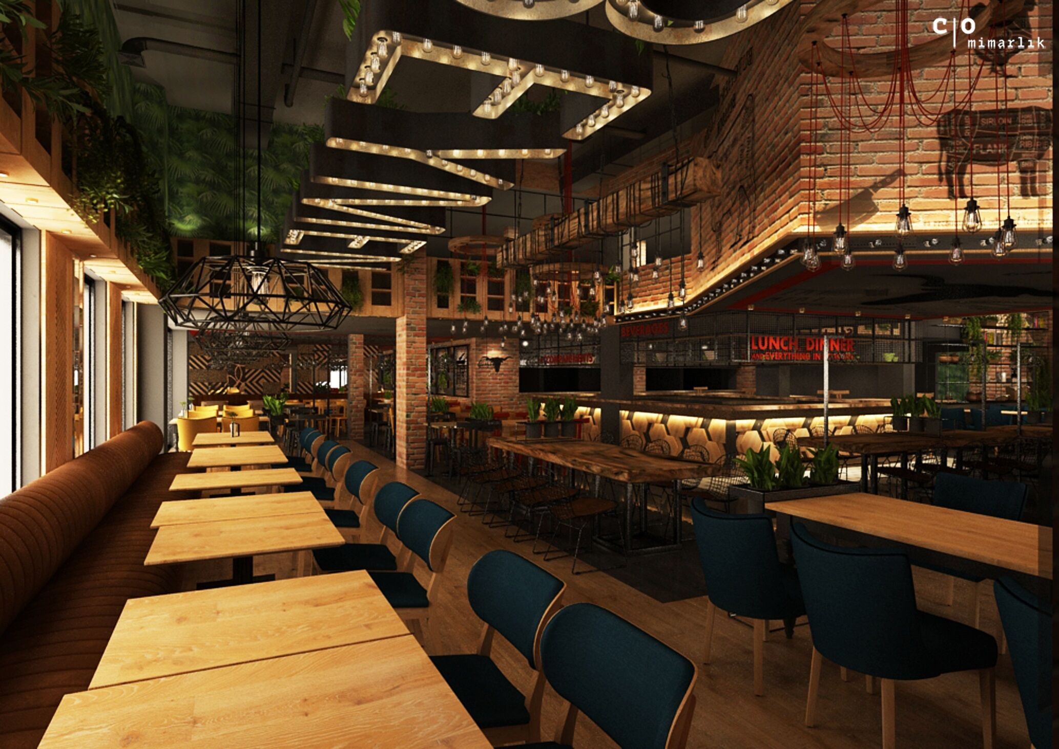 Design rendering, long dining hall with banquettes