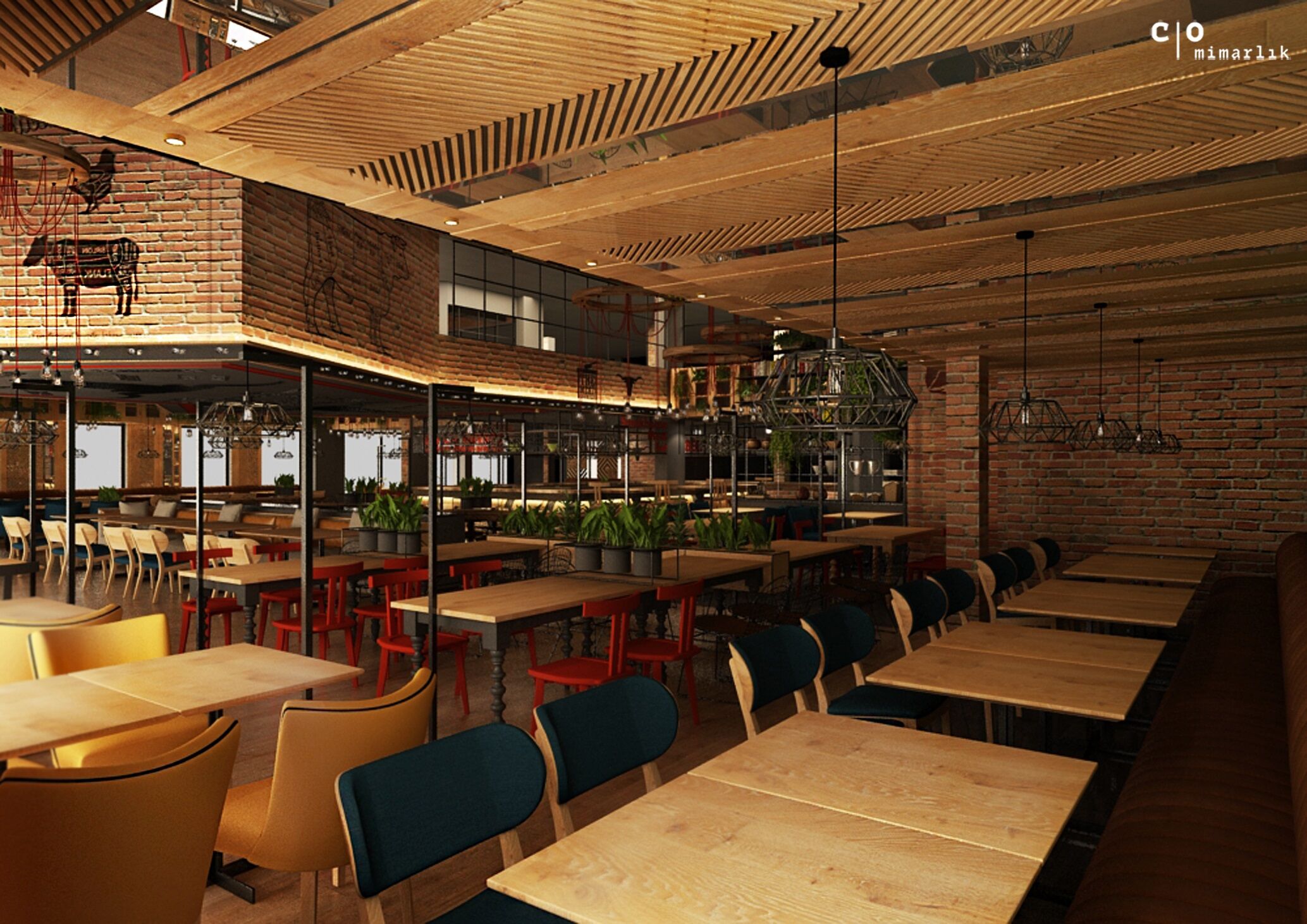 Design rendering, dining area with timber slatted ceiling