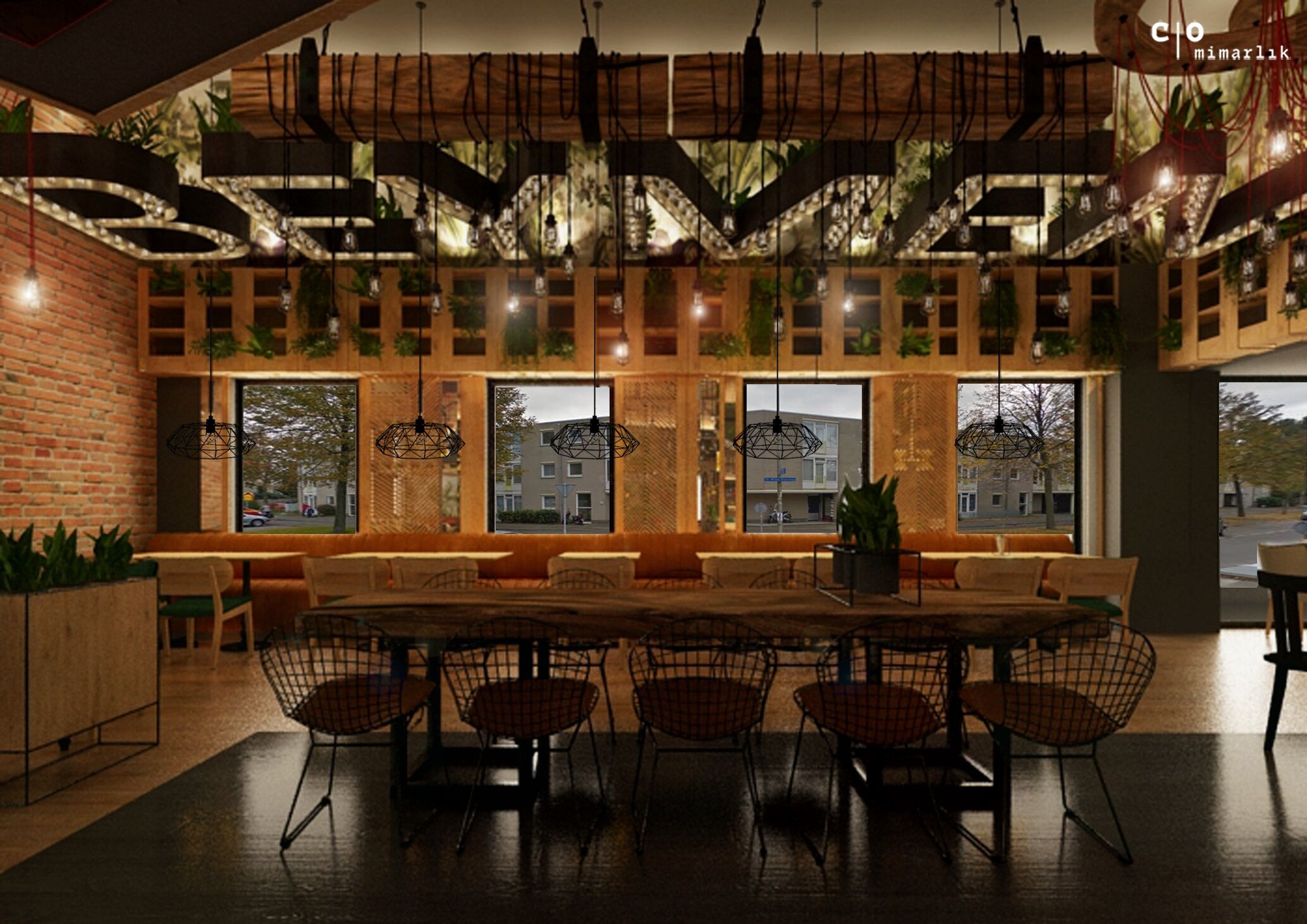 Design rendering, communal table by the windows